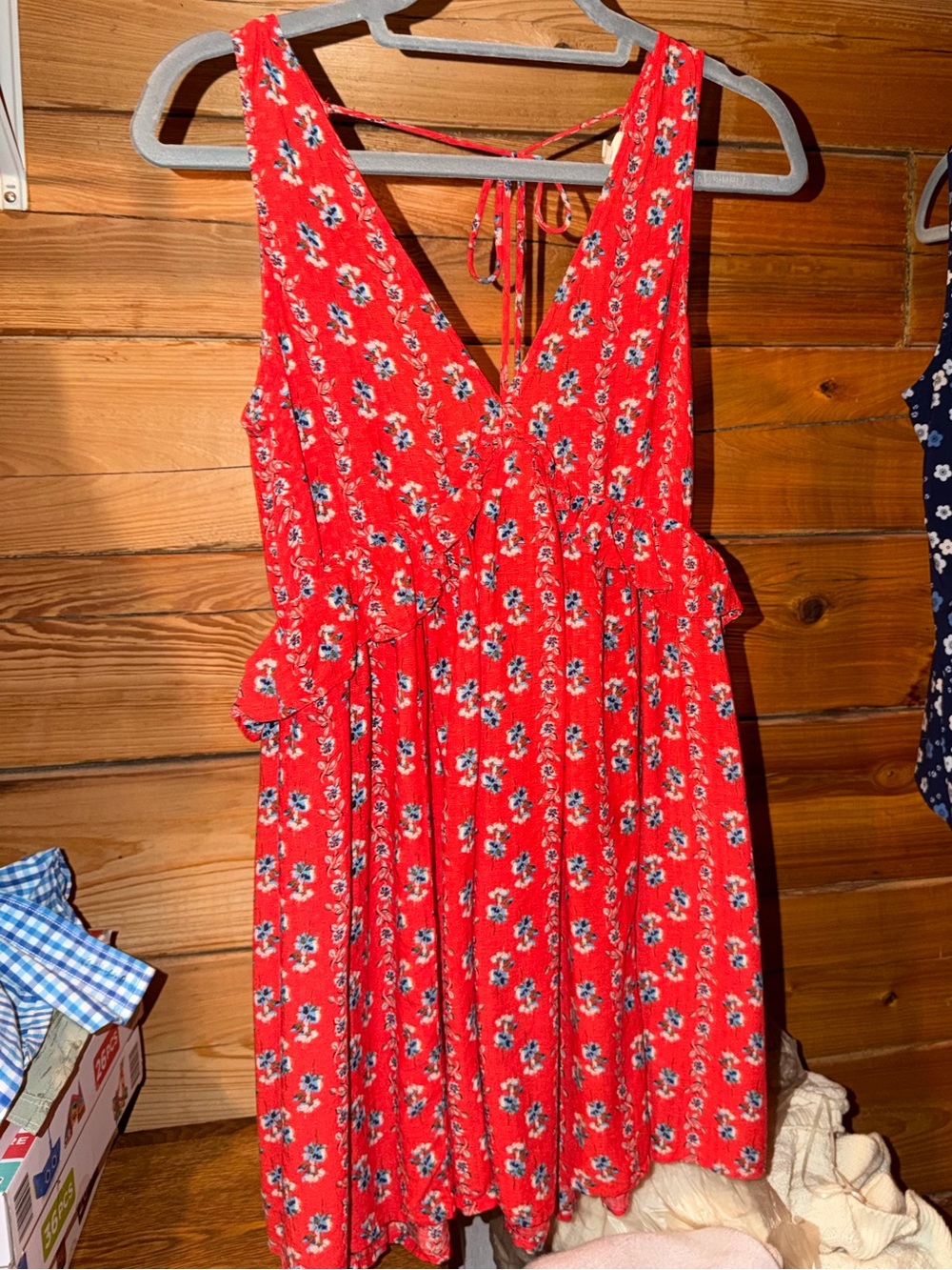 En Creme Red Floral V-Neck Mini Dress